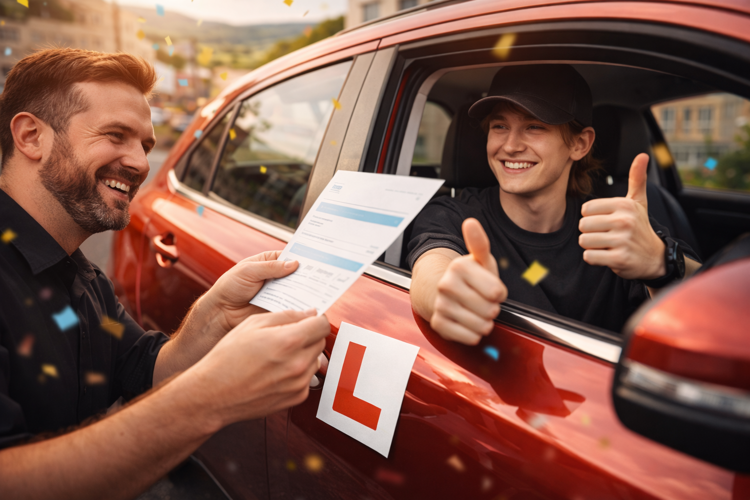 Happy learner driver celebrating passing their driving test first time